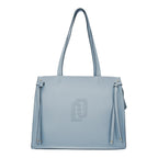 Lieblingstasche Tote L in light blue pebbled leather with side tie details and a decorative perforated logo design.