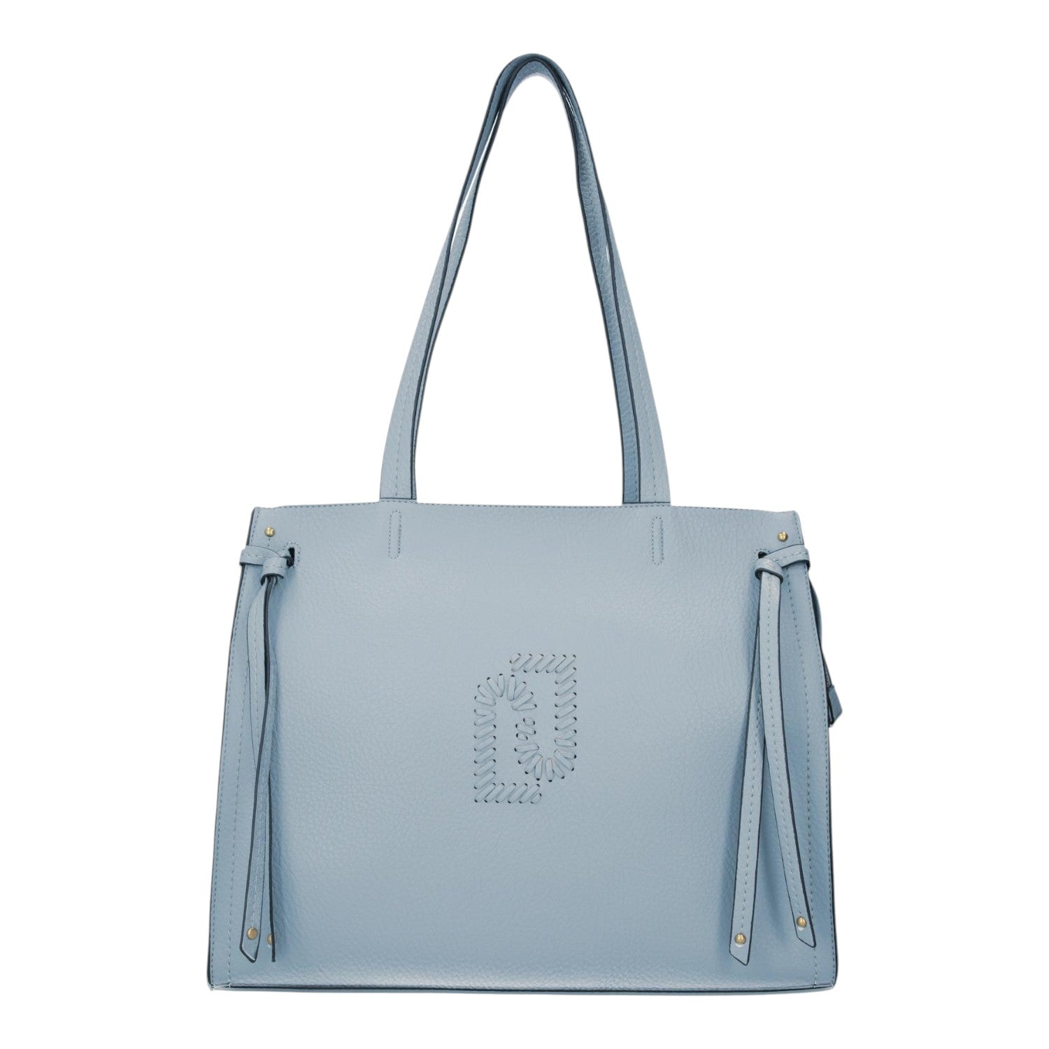 Lieblingstasche Tote L in light blue pebbled leather with side tie details and a decorative perforated logo design.