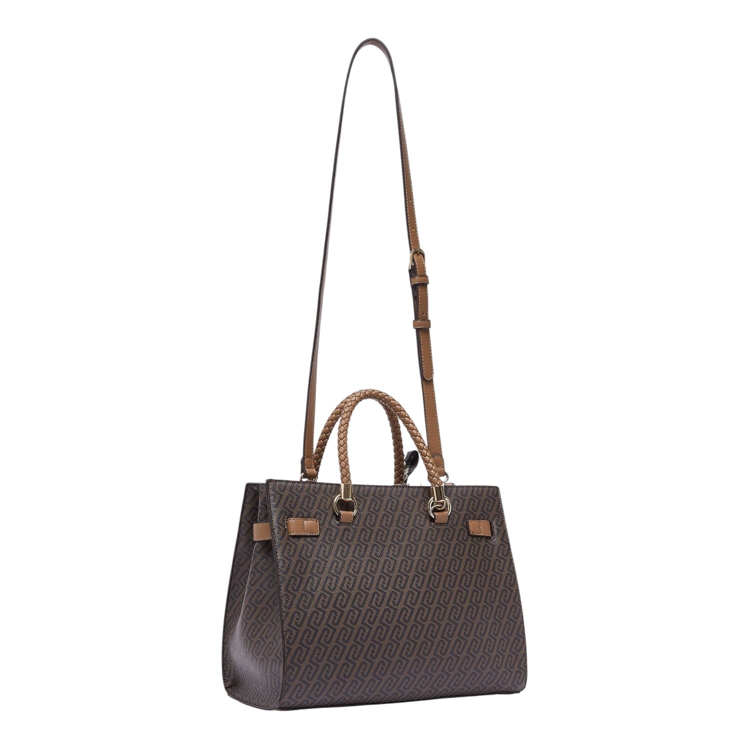 Lieblingstasche Tote M handbag in brown monogram print with braided tan handles and adjustable shoulder strap