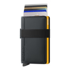 Lieblingstasche Bandwallet TPU card holder in black and yellow with an elastic strap and multiple credit cards