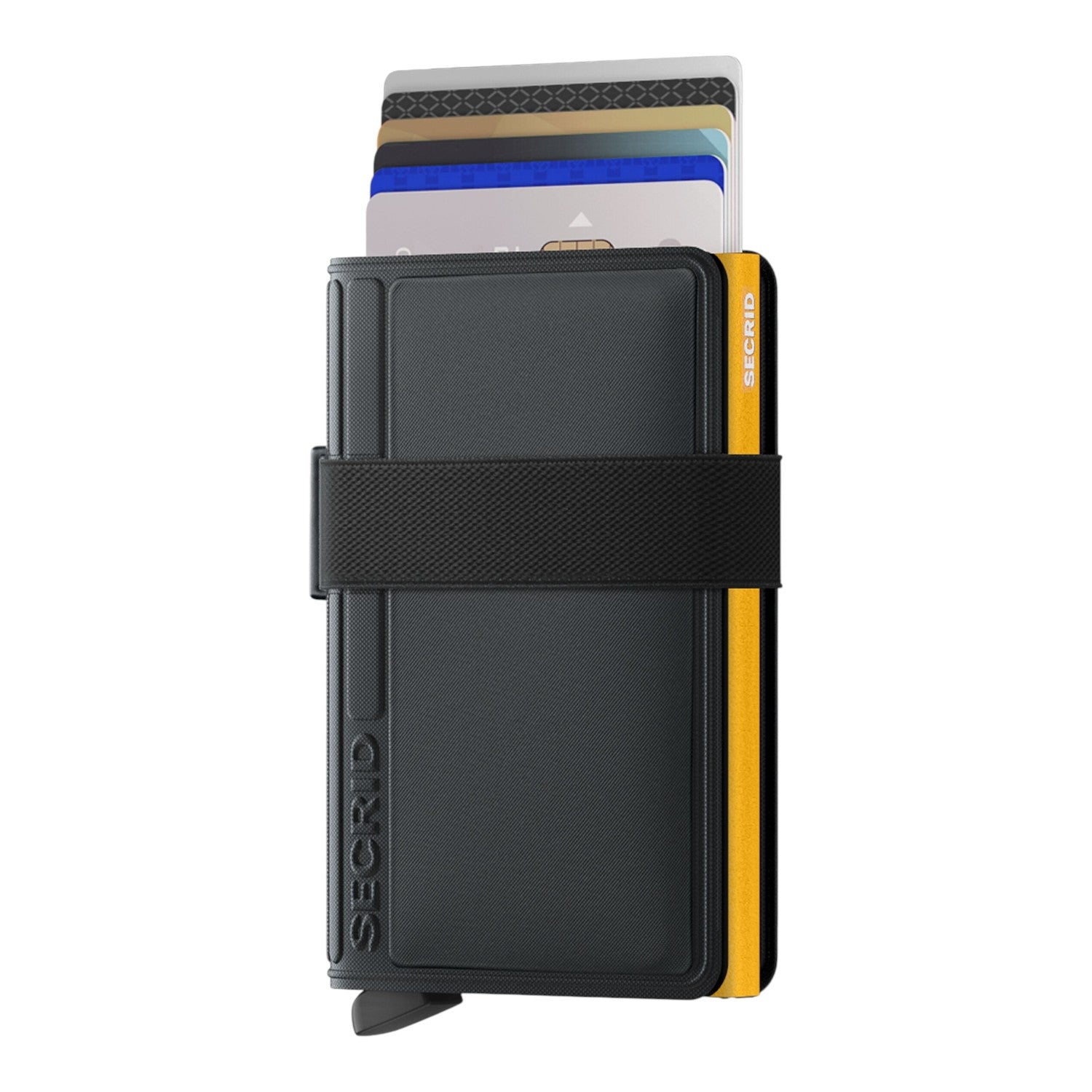 Lieblingstasche Bandwallet TPU card holder in black and yellow with an elastic strap and multiple credit cards