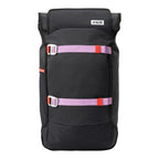 Lieblingstasche Trip Pack black backpack with roll-top closure and contrasting purple and orange strap details.