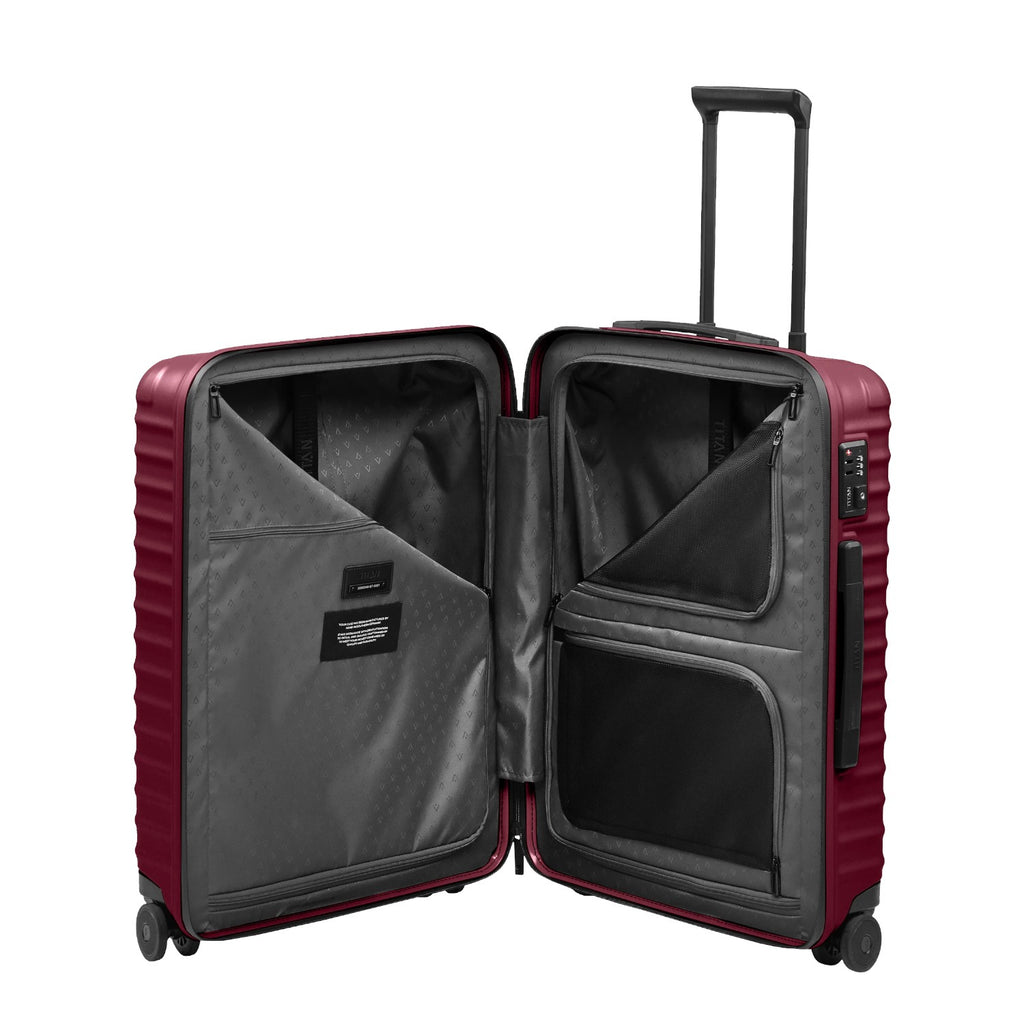 Lieblingstasche UPGRADE 4w Trolley M in dark red with open interior featuring zippered compartments and lining