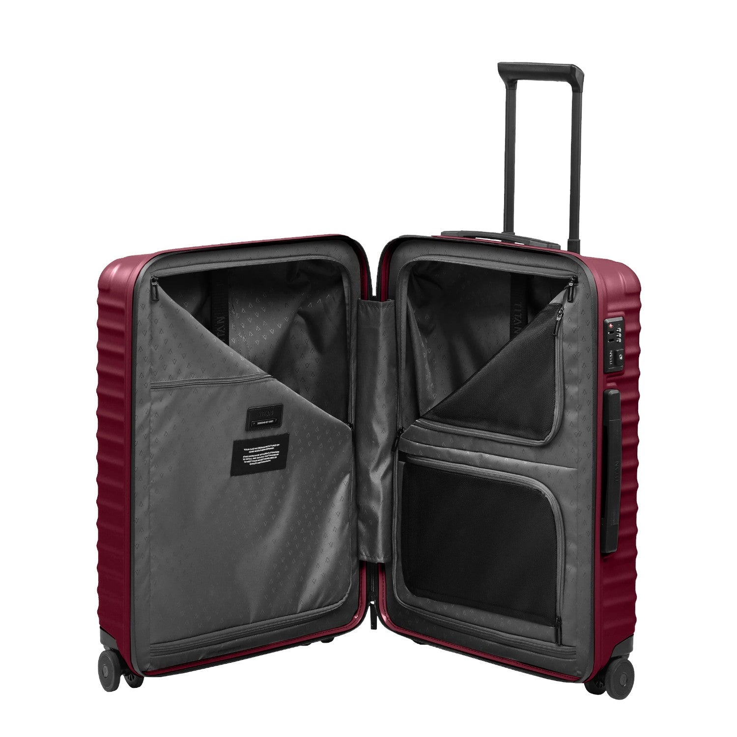 Lieblingstasche UPGRADE 4w Trolley M in dark red with open interior featuring zippered compartments and lining