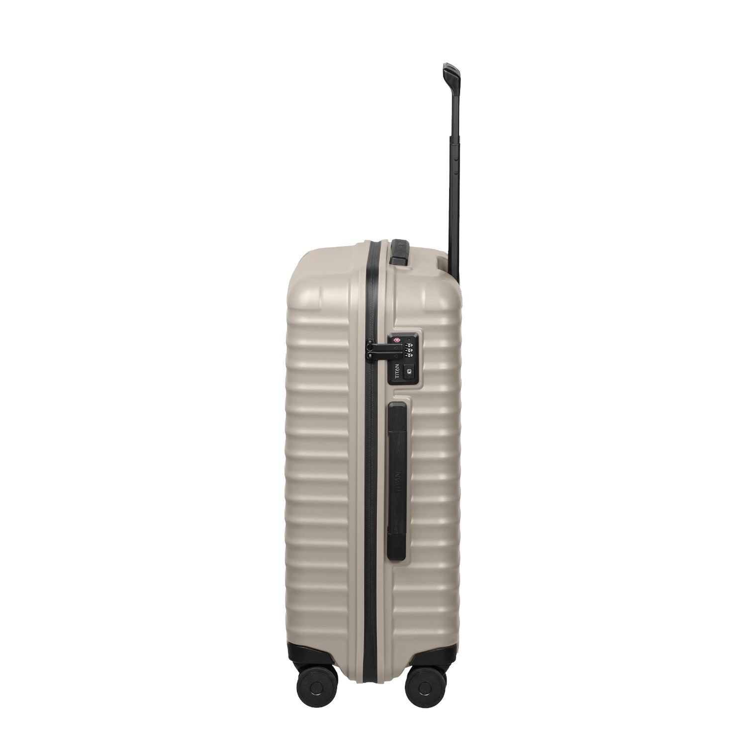 Lieblingstasche UPGRADE 4w Trolley M in beige with a ribbed hard shell, side handle, and integrated TSA lock.