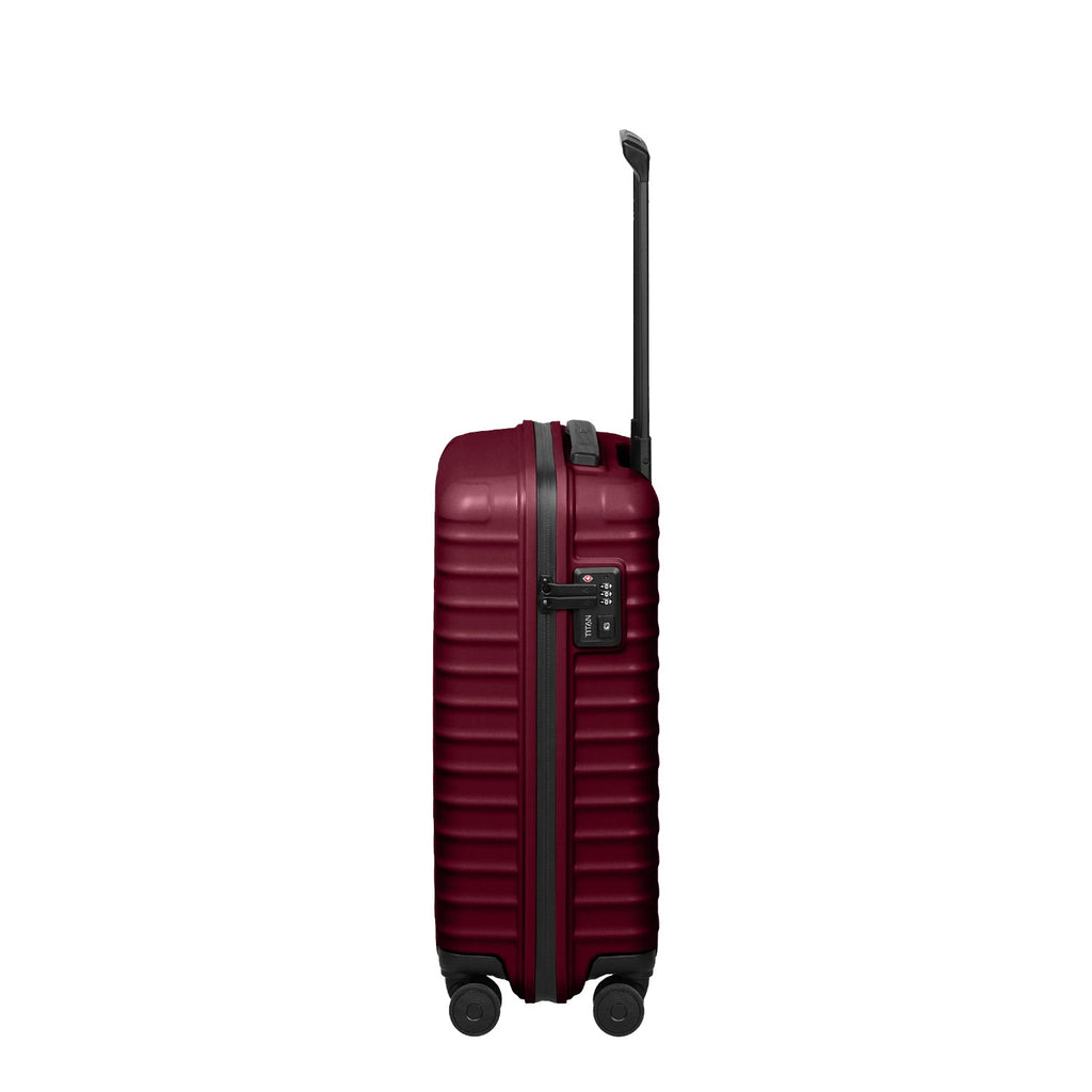Lieblingstasche UPGRADE 4w Trolley S20 in burgundy with a side view showing the TSA lock and retractable handle.