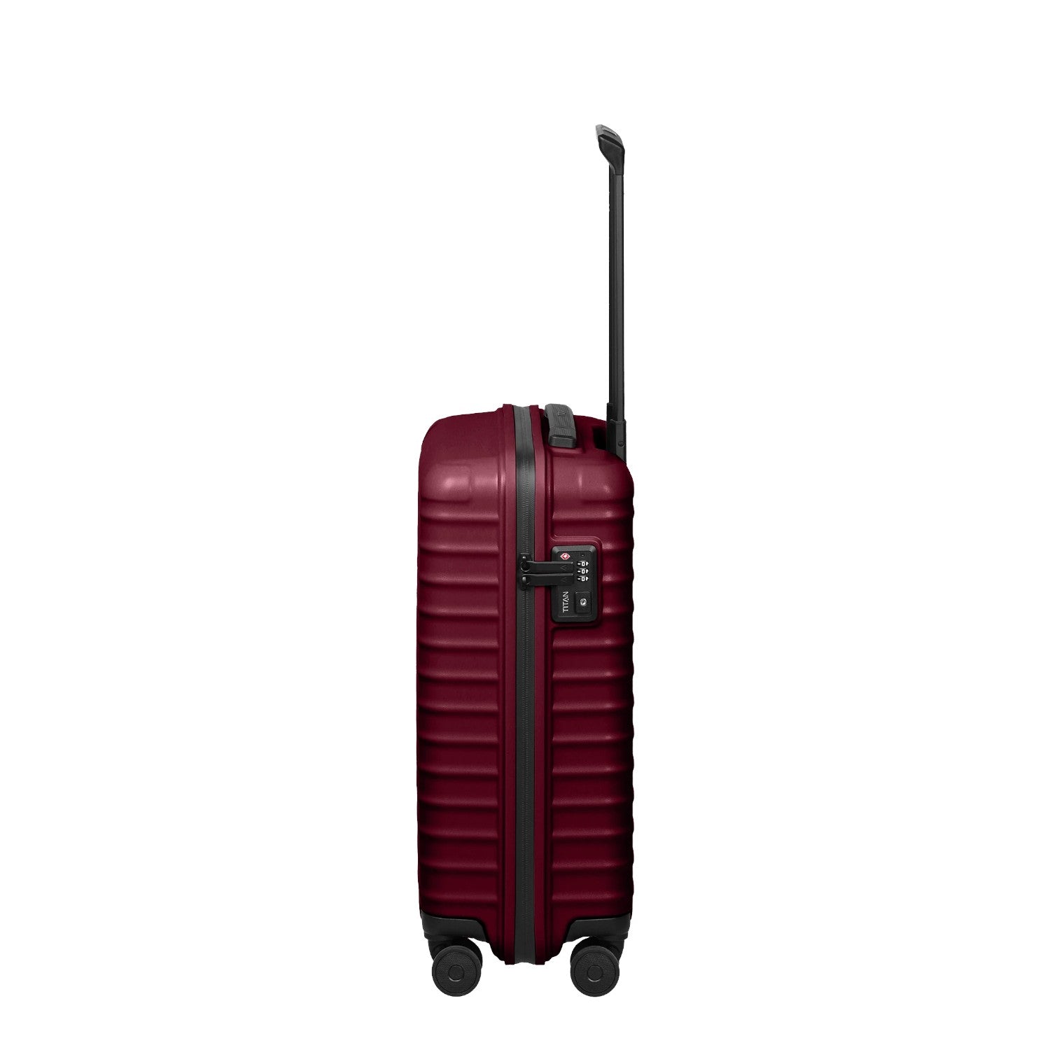 Lieblingstasche UPGRADE 4w Trolley S20 in burgundy with a side view showing the TSA lock and retractable handle.