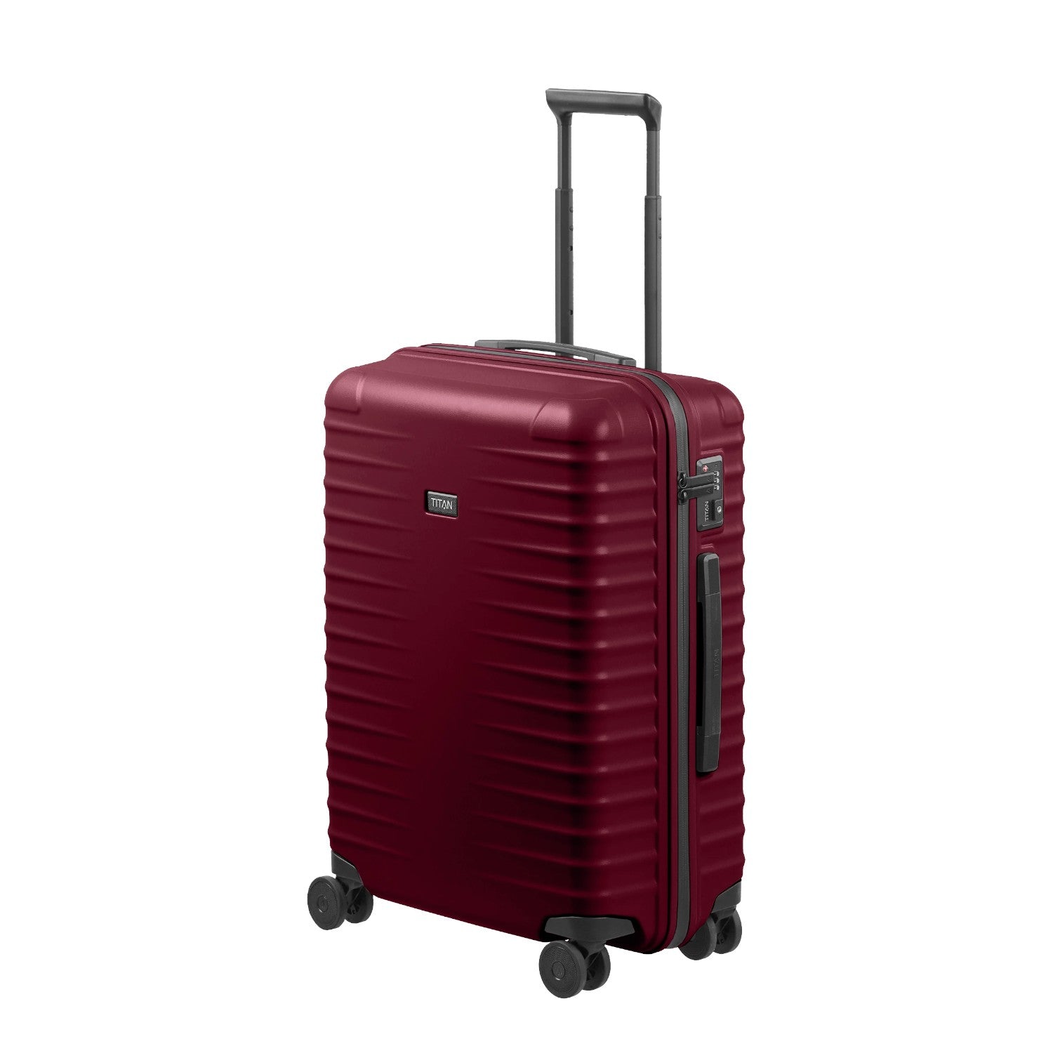 Lieblingstasche UPGRADE 4w Trolley M in dark red with a ribbed hard shell, telescopic handle, and four spinner wheels.