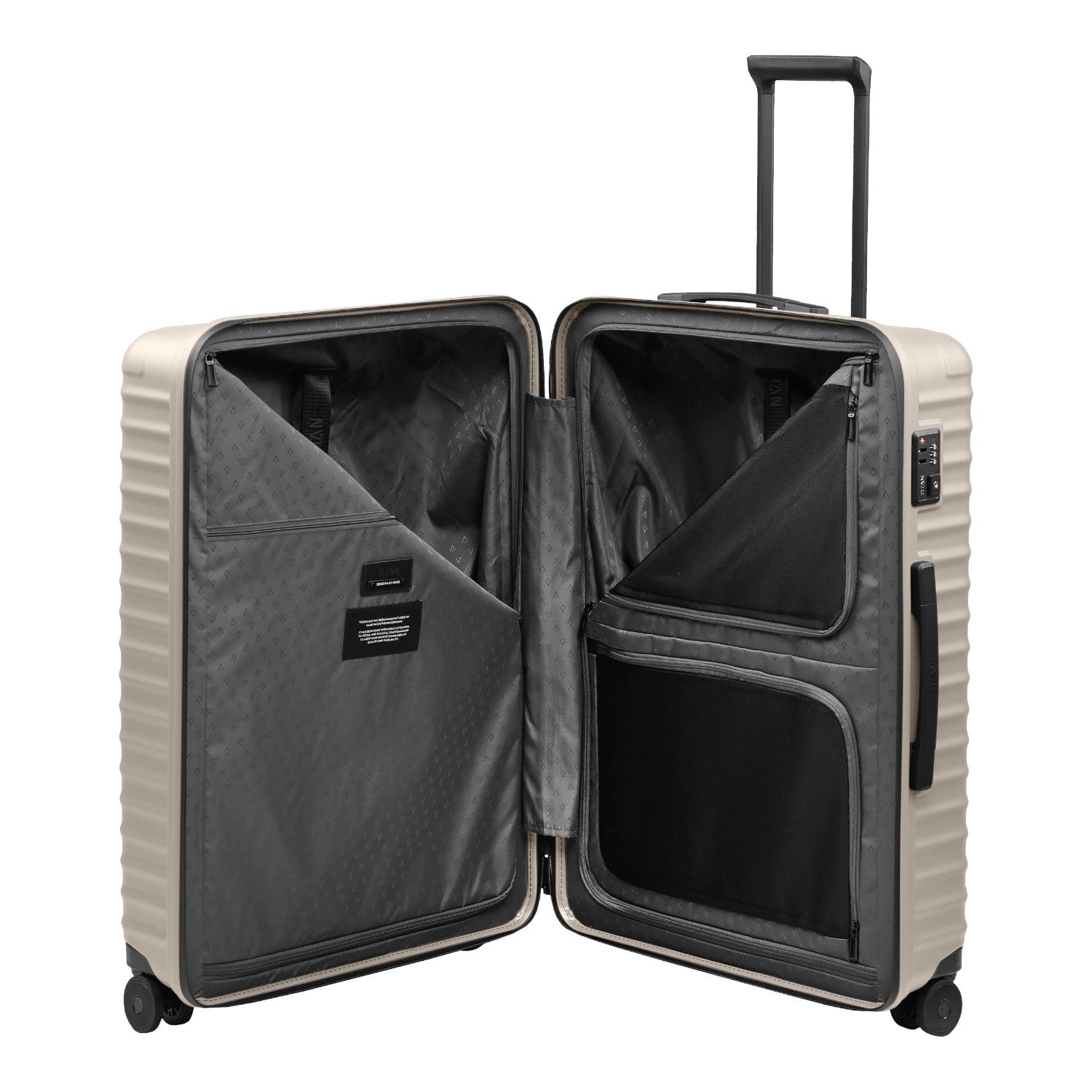 Lieblingstasche UPGRADE 4w Trolley L in beige, open view showing grey interior lining, mesh pockets, and dividers.