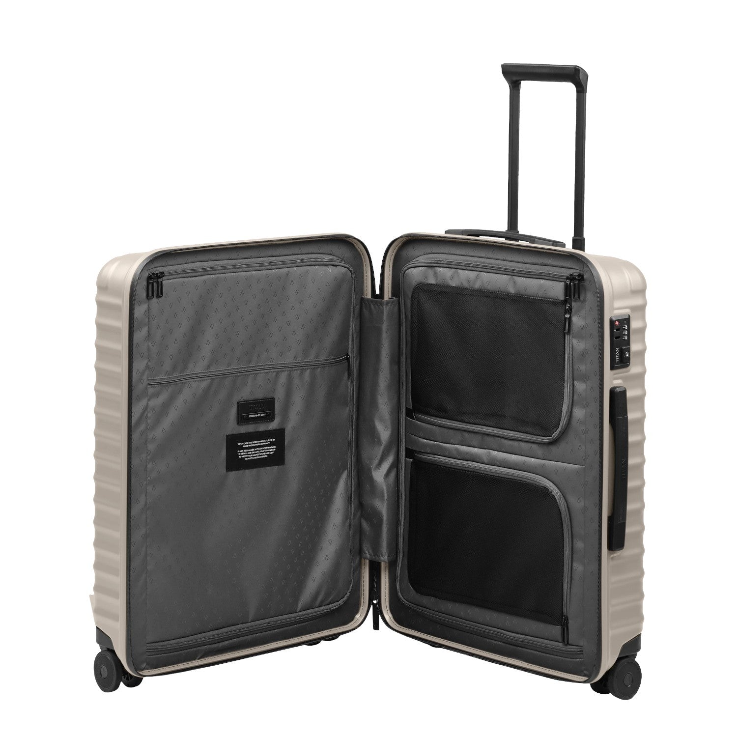 Lieblingstasche UPGRADE 4w Trolley M in beige with open interior featuring zippered compartments and lining