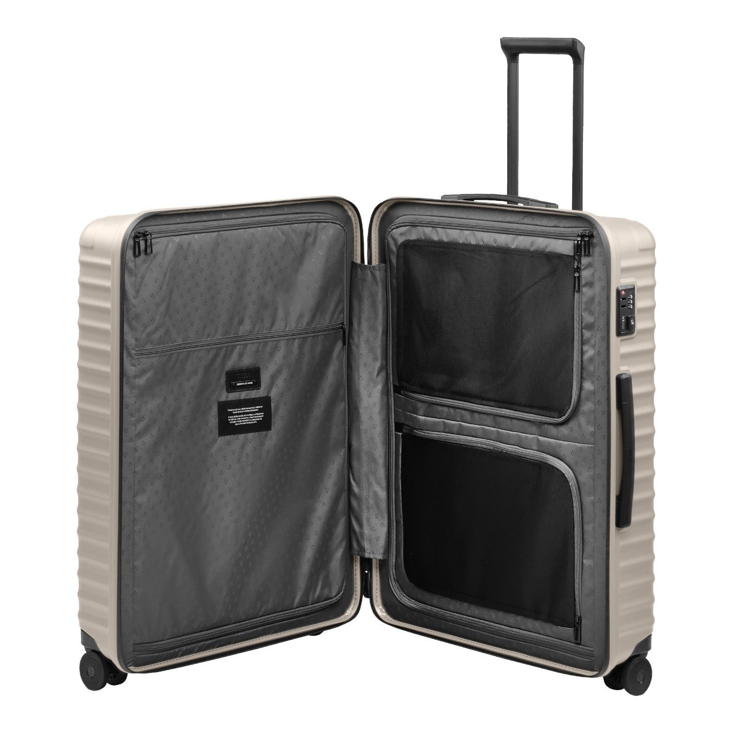 Lieblingstasche UPGRADE 4w Trolley L in beige with open interior featuring grey lining, mesh pockets, and TSA lock