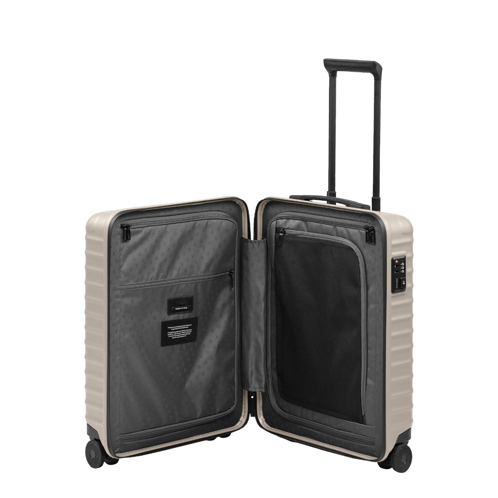 Lieblingstasche UPGRADE 4w Trolley S23 in beige, open view showing interior compartments and telescopic handle