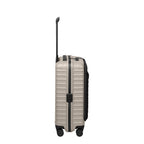 Lieblingstasche UPGRADE 4w Trolley S VT in beige with black accents, side view showing wheels and telescopic handle
