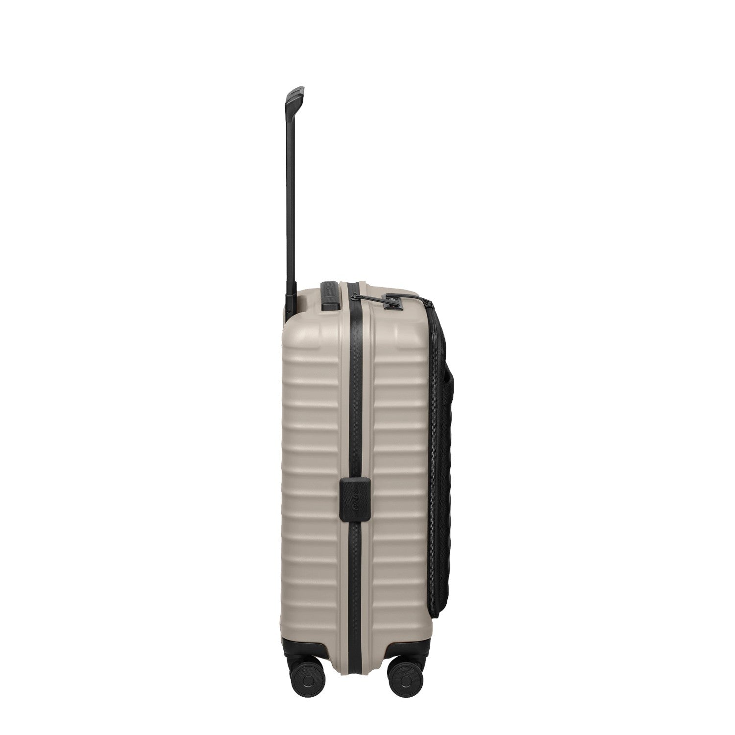 Lieblingstasche UPGRADE 4w Trolley S VT in beige with black accents, side view showing wheels and telescopic handle
