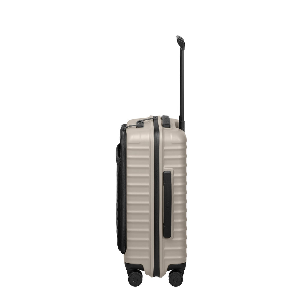 Lieblingstasche UPGRADE 4w Trolley S VT in beige with black accents, side view showing wheels and telescopic handle.