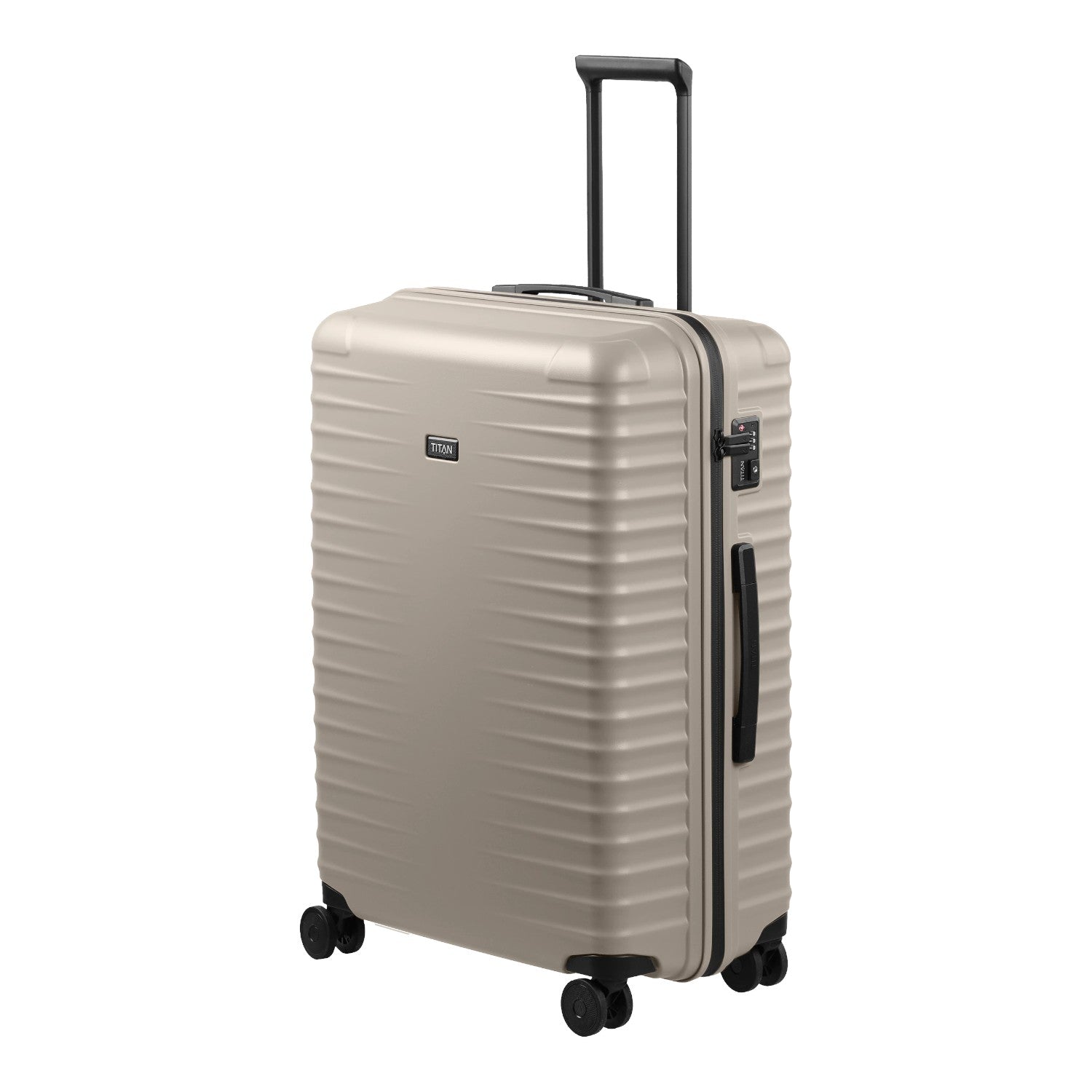 Lieblingstasche UPGRADE 4w Trolley L in champagne with a hard shell, telescopic handle, and four spinner wheels.