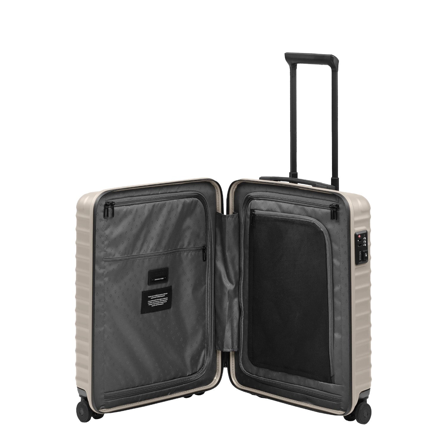 Lieblingstasche UPGRADE 4w Trolley S20 in beige with open interior featuring zippered compartments and mesh lining