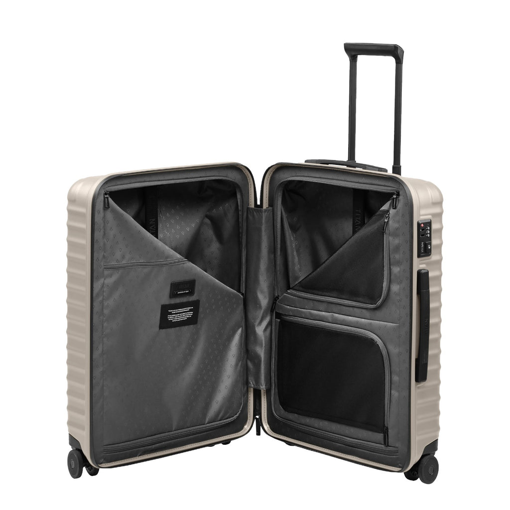 Lieblingstasche UPGRADE 4w Trolley M in beige with open interior featuring zippered mesh compartments and lining