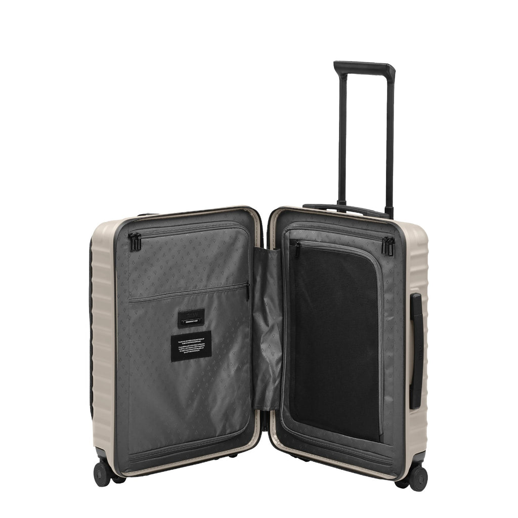 Lieblingstasche UPGRADE 4w Trolley S VT open suitcase with grey interior lining, mesh dividers, and telescopic handle.