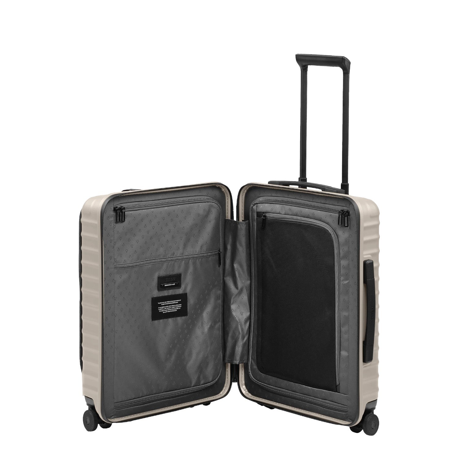 Lieblingstasche UPGRADE 4w Trolley S VT open suitcase with grey interior lining, mesh dividers, and telescopic handle.