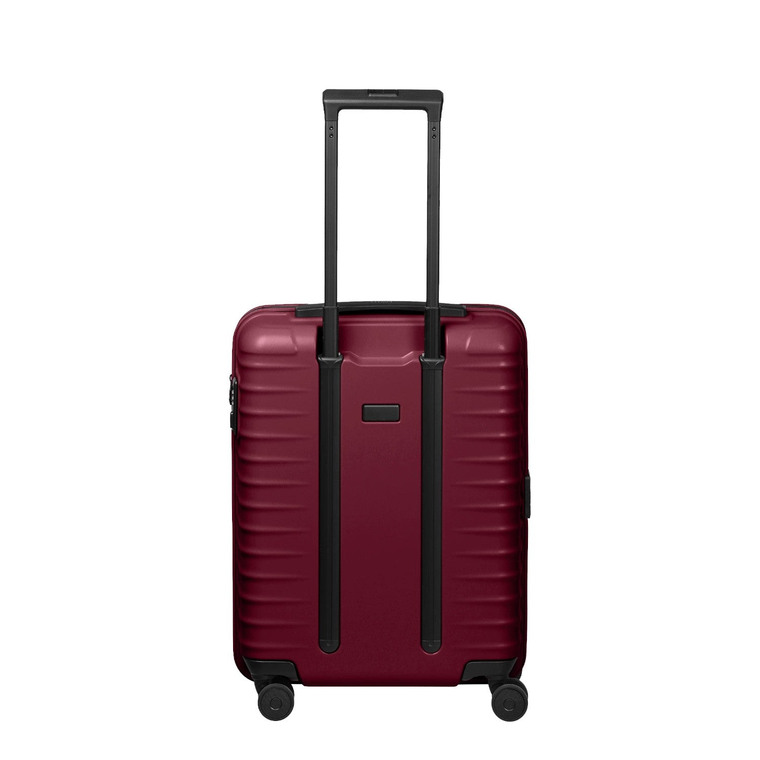 Lieblingstasche UPGRADE 4w Trolley S20 in dark red with a telescopic handle and four wheels, back view.