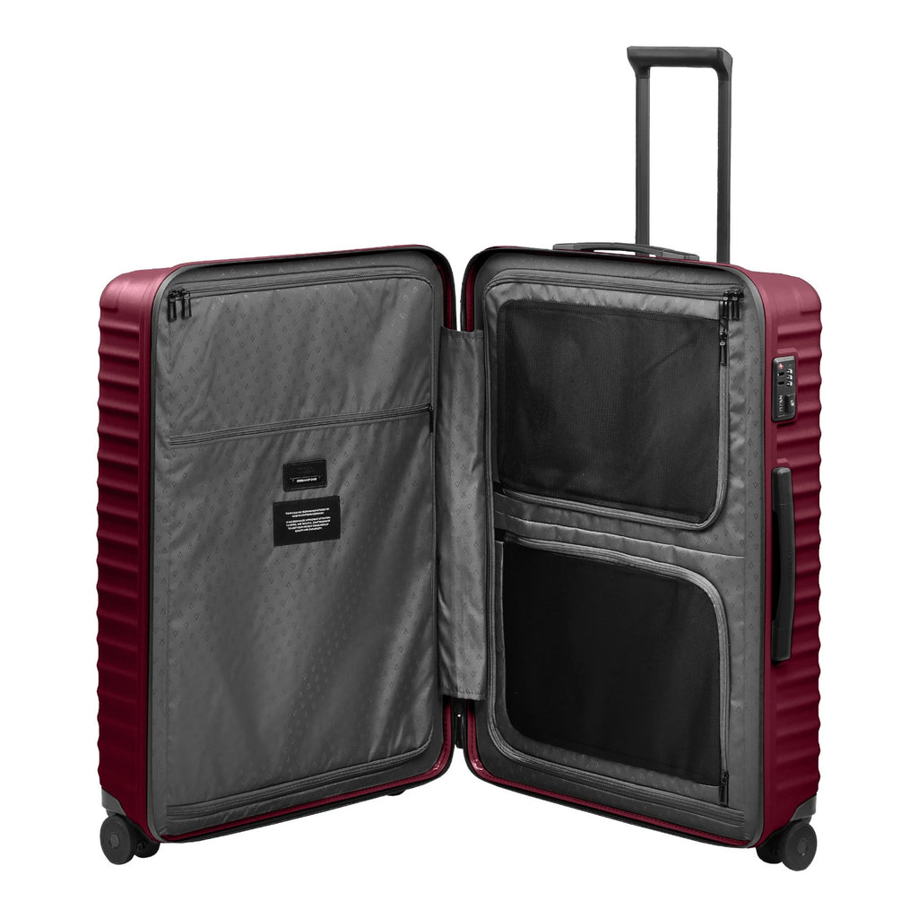 Lieblingstasche UPGRADE 4w Trolley L in dark red, showing the open interior with zippered mesh compartments.