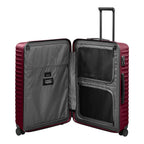 Lieblingstasche UPGRADE 4w Trolley L in dark red, showing the open interior with zippered mesh compartments.