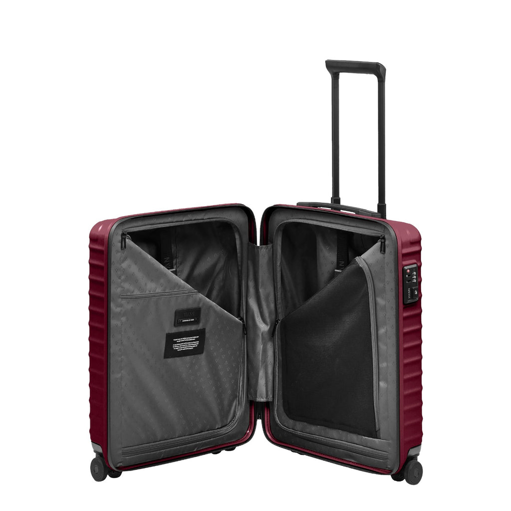 Lieblingstasche UPGRADE 4w Trolley S20 in dark red with open interior, featuring zippered compartments and TSA lock.