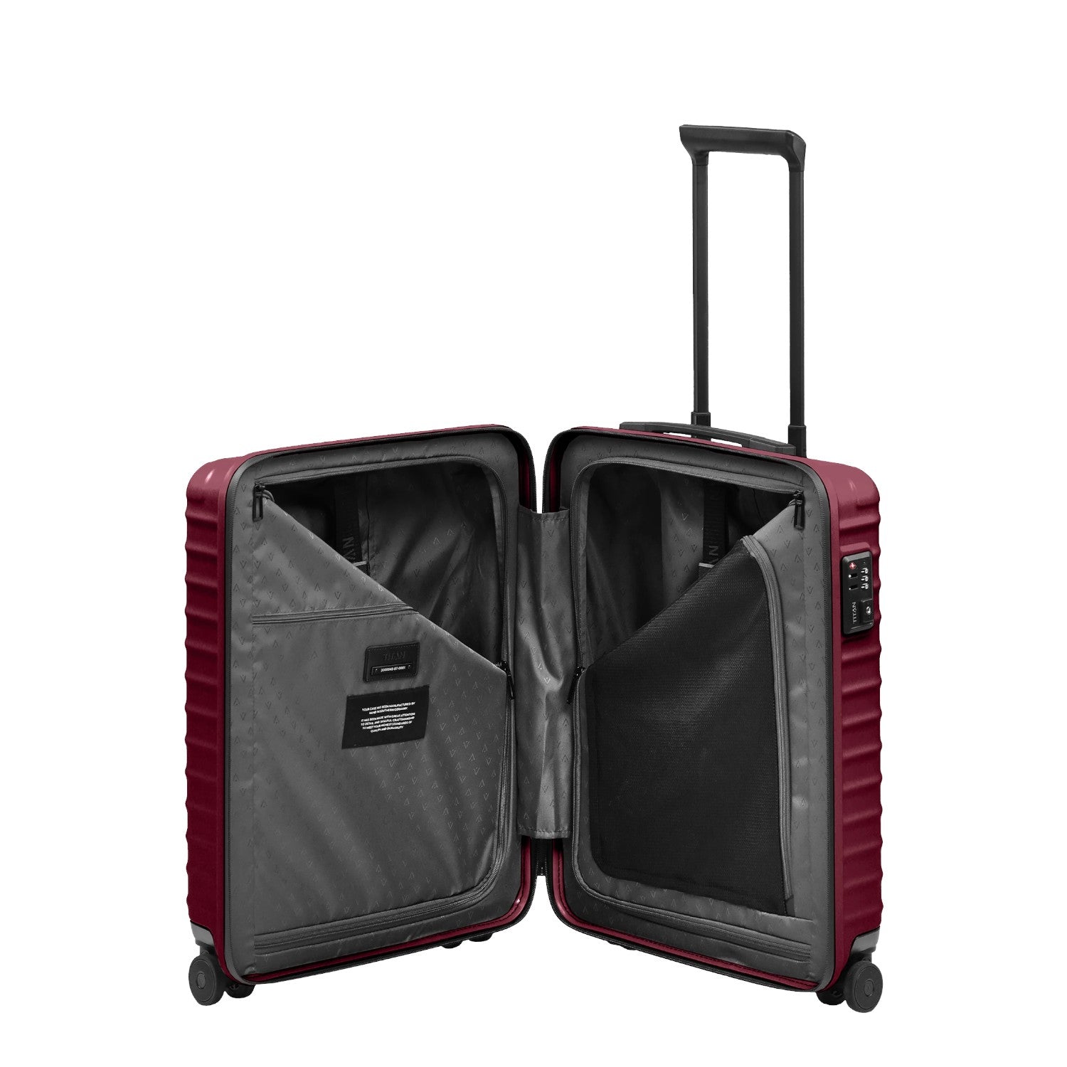 Lieblingstasche UPGRADE 4w Trolley S20 in dark red with open interior, featuring zippered compartments and TSA lock.