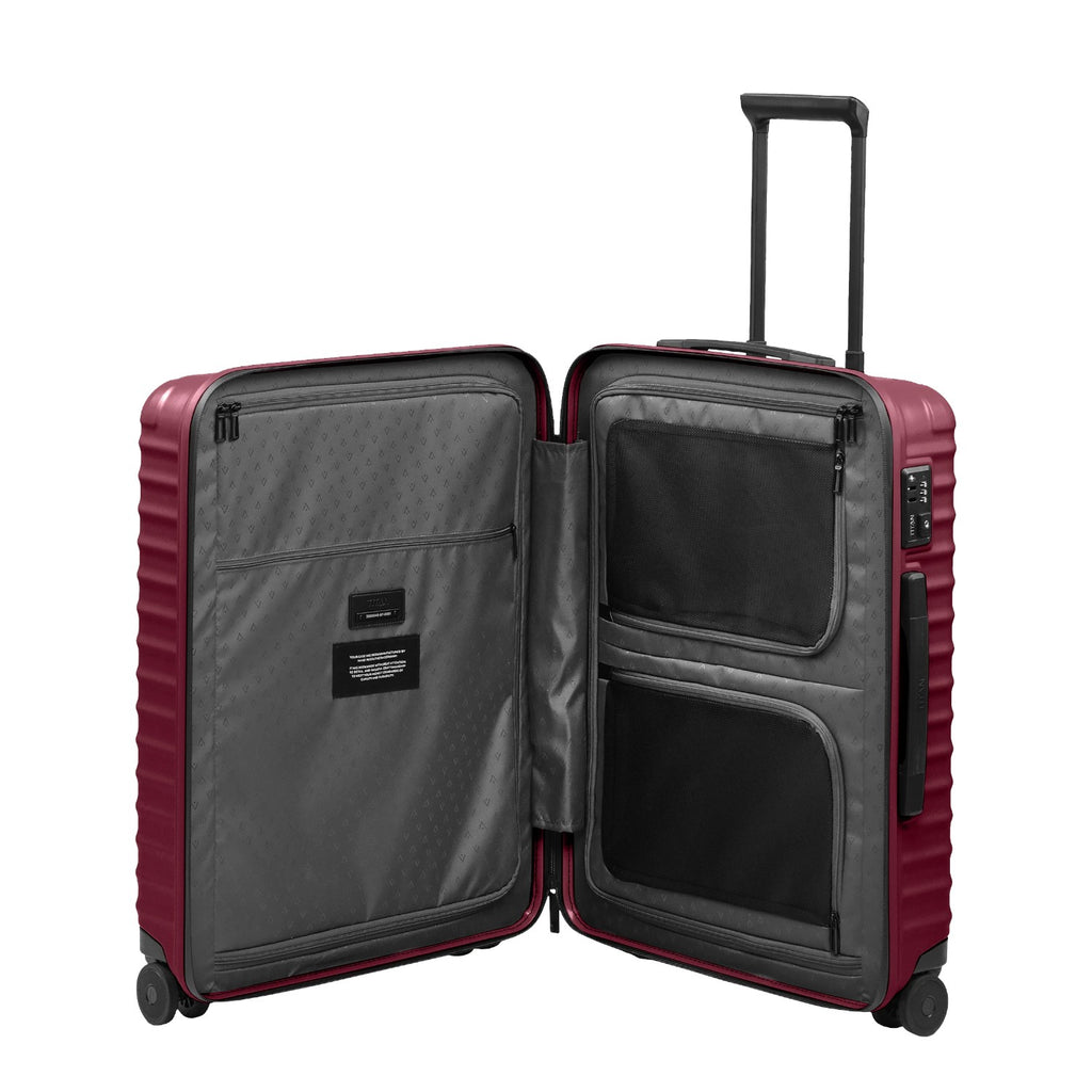 Lieblingstasche UPGRADE 4w Trolley M in dark red, shown open to reveal grey interior compartments and mesh pockets.