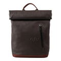 Lieblingstasche Wakayama dark brown leather roll-top backpack with a vertical front zipper and embossed logo