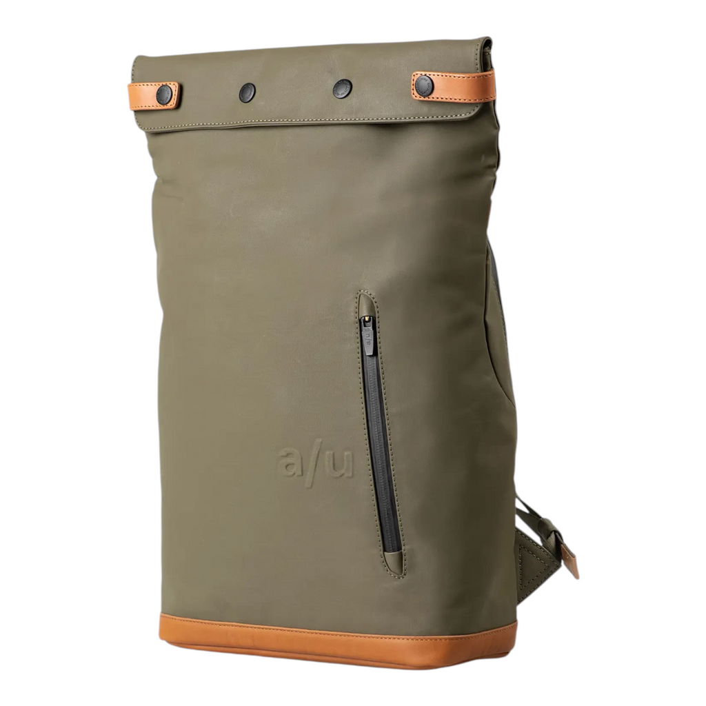 Lieblingstasche Wakayama olive green rolltop backpack with tan leather accents and front zipper pocket