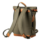 Lieblingstasche Wakayama olive green rolltop backpack with tan leather accents and rear zipper opening