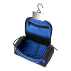 Lieblingstasche Wash Pack open toiletry bag in black and blue with an integrated hanging hook and mirror
