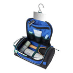 Lieblingstasche Wash Pack hanging toiletry bag in black and blue with mirror, mesh pockets, and travel accessories.