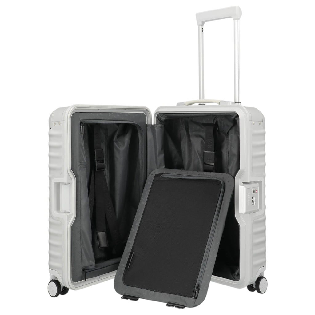 Lieblingstasche white aluminium suitcase with plastic frame, leather handles, TSA lock and spinner wheels. Open to show interior.