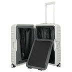 Lieblingstasche white aluminium suitcase with plastic frame, leather handles, TSA lock and spinner wheels. Open to show interior.