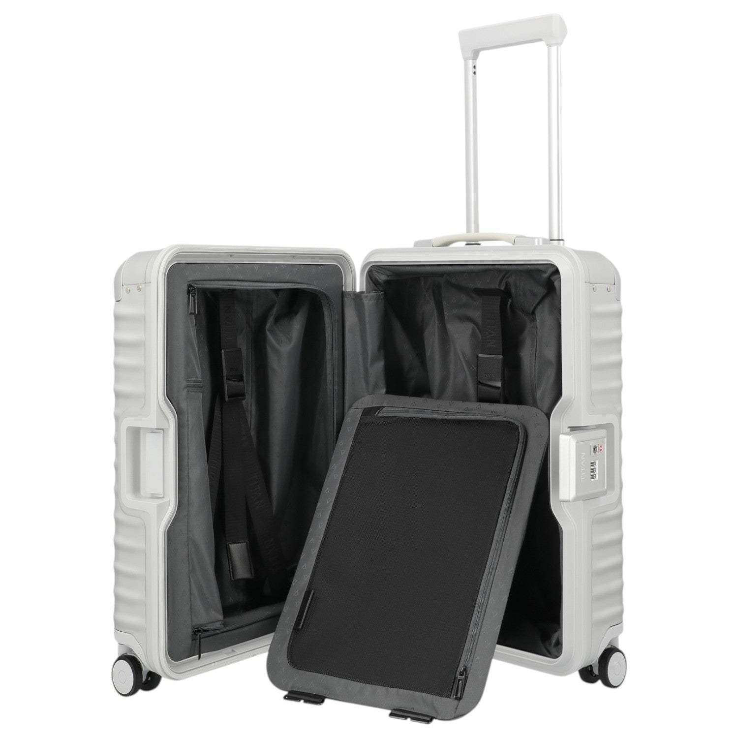 Lieblingstasche white aluminium suitcase with plastic frame, leather handles, TSA lock and spinner wheels. Open to show interior.
