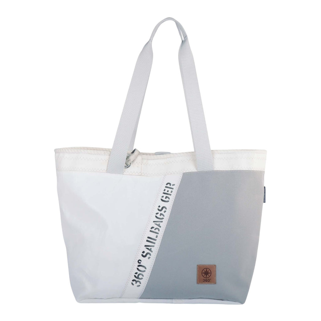 Lieblingstasche white and grey tote bag made from sailcloth with diagonal color block and text detail.