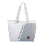 Lieblingstasche white and grey tote bag made from sailcloth with diagonal color block and text detail.