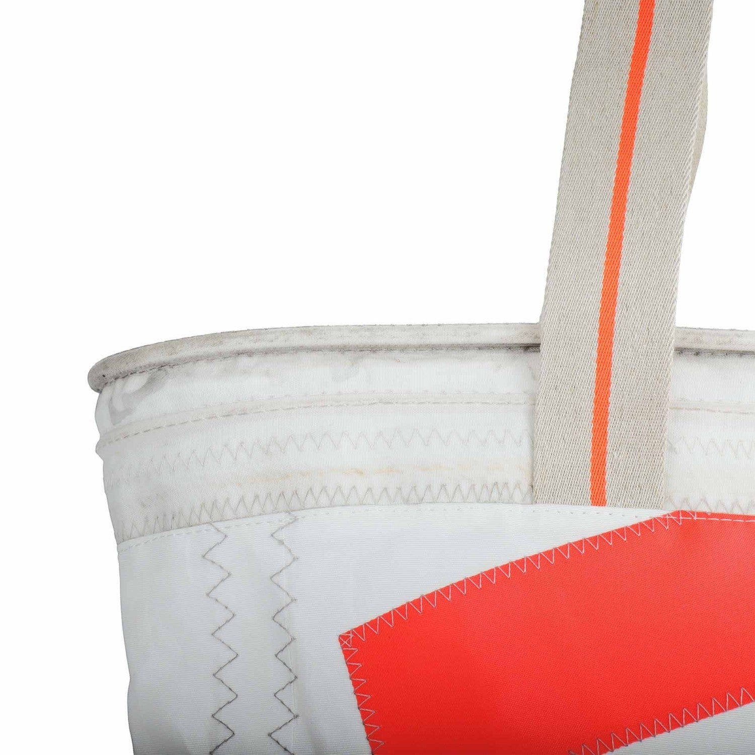Lieblingstasche white tote bag with orange accent stripe on strap and red patch detail.