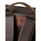 Lieblingstasche Yokohama backpack featuring brown fabric, leather handle details, and embossed a/u brand logo patch.