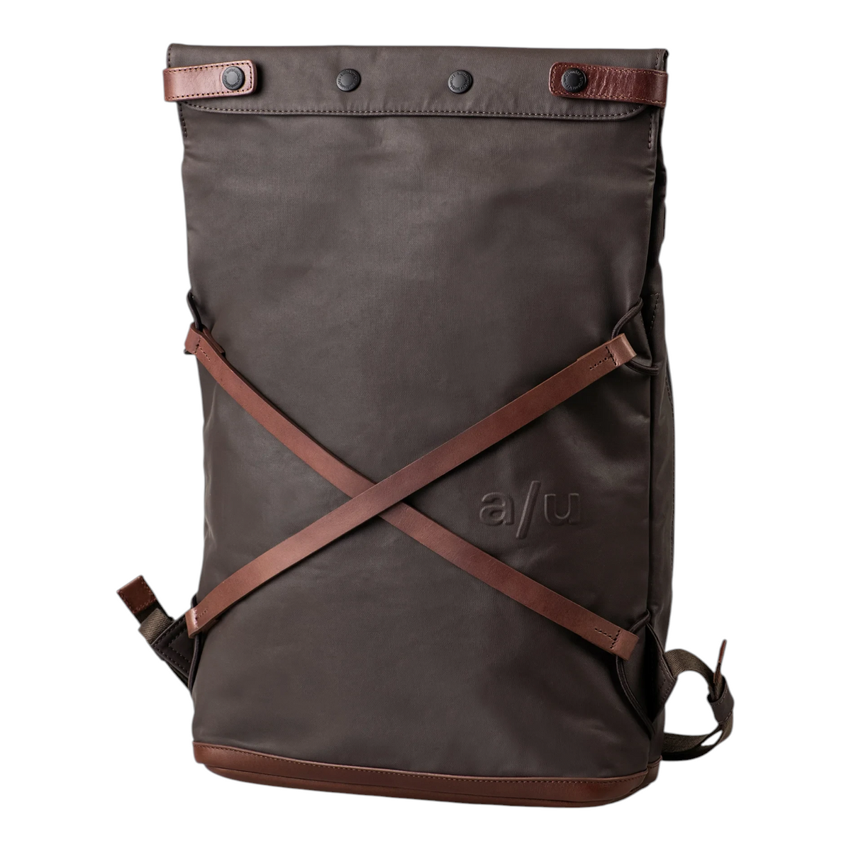 Lieblingstasche Yokohama dark brown roll-top backpack with leather cross-strap detailing and embossed logo