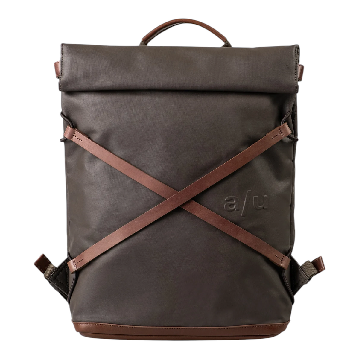 Lieblingstasche Yokohama dark brown rolltop backpack with decorative cross straps and embossed logo
