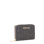Lieblingstasche Zip Around Wallet Regina Re, black wallet with all-over repeating logo pattern and gold zipper.
