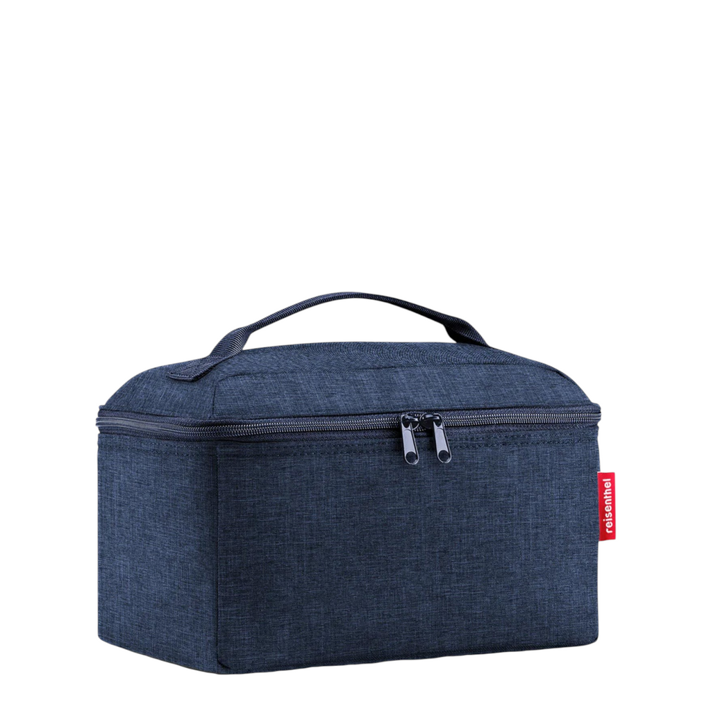 Lieblingstasche navy blue fabric beautycase with a top handle and double zipper closure for travel organization