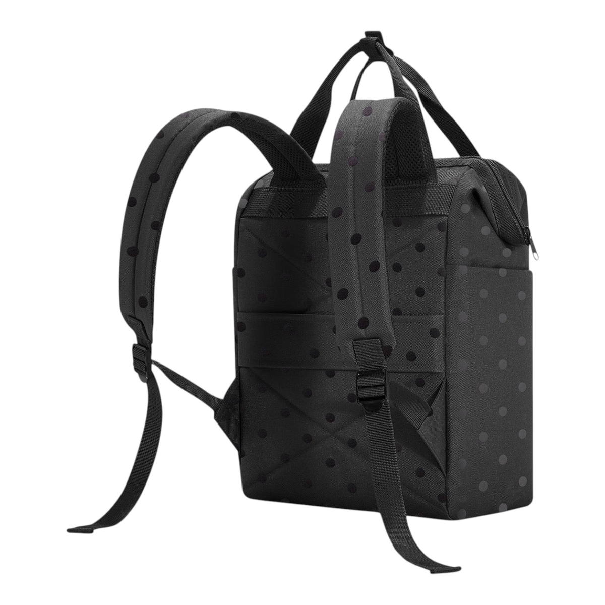 Lieblingstasche Allrounder R insulated backpack in black with subtle polka dot pattern, shown from the back.