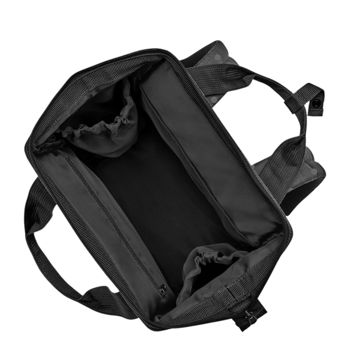 Lieblingstasche Allrounder R insulated black backpack bag with open top, interior pockets, and sturdy carry handles.
