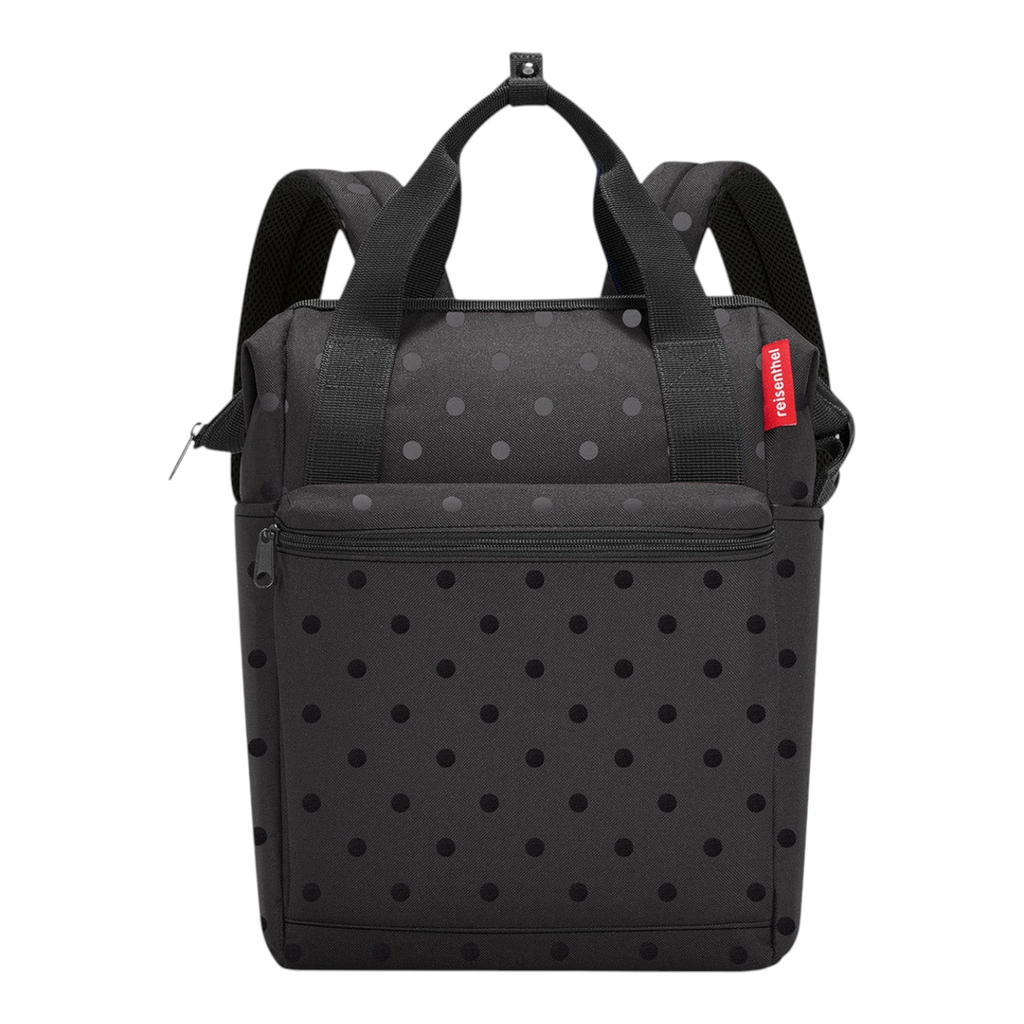 Lieblingstasche Allrounder R insulated backpack in black with grey polka dots, featuring carry handles and zip closure.