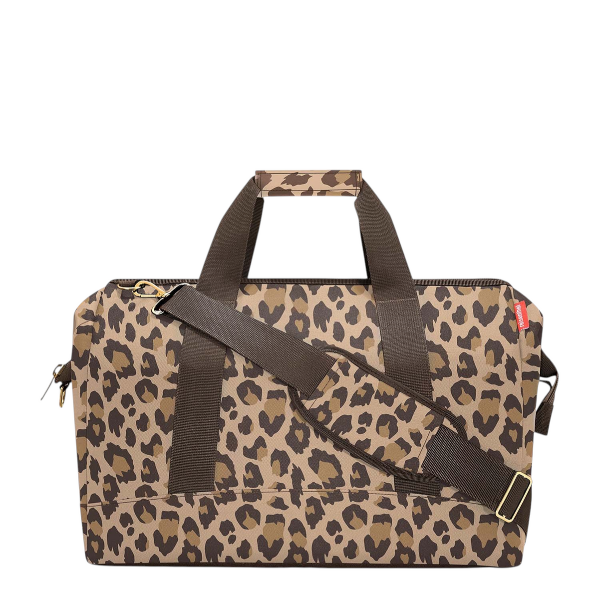 Lieblingstasche Allrounder L travel bag in a brown leopard print pattern with sturdy handles and shoulder strap.